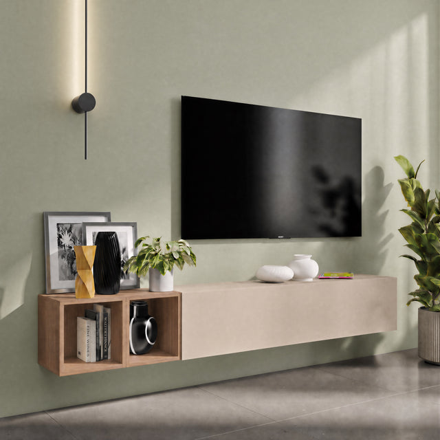 Combo 194cm Floating Wall Hung TV Entertainment Unit – Cashmere & Mercure Oak - FurniComp