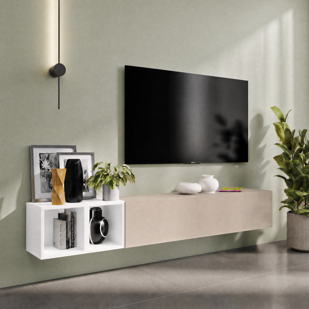 Combo 194cm Floating Wall Hung TV Entertainment Unit – Cashmere & White Gloss - FurniComp