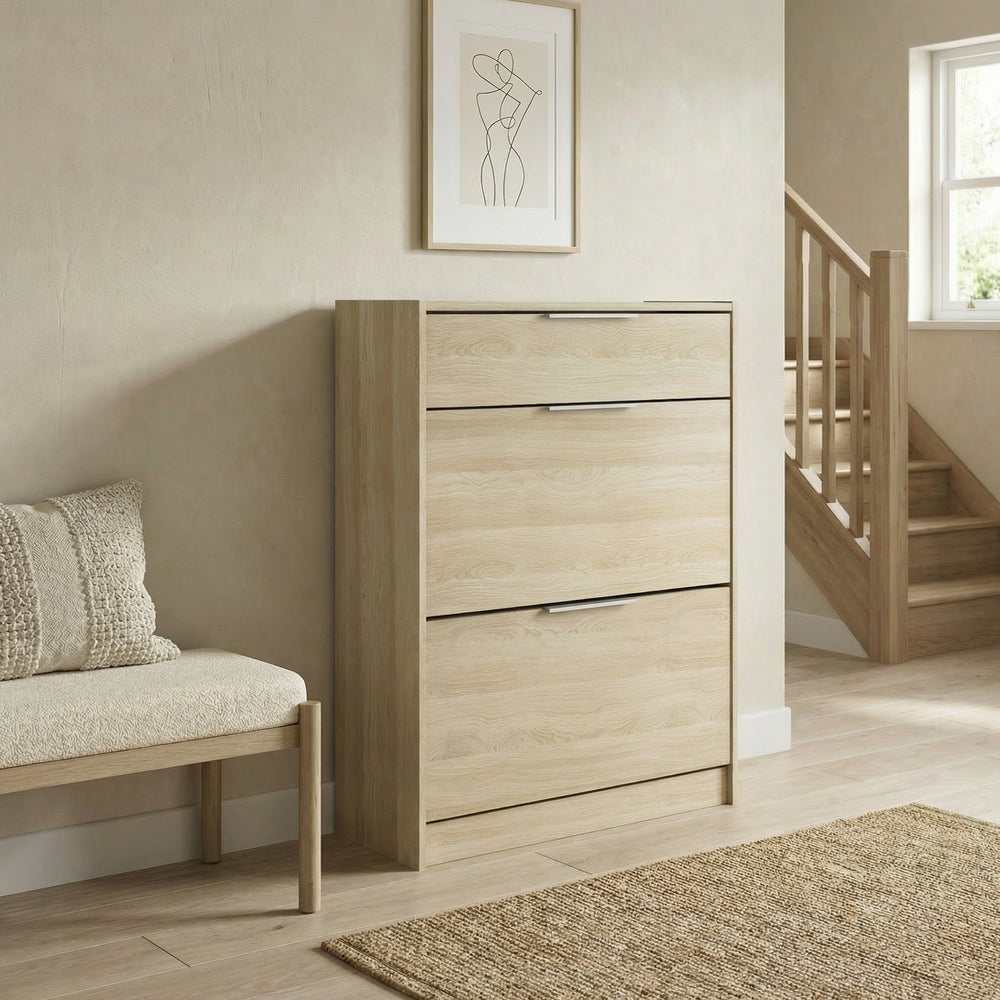 Chad 2 Door 1 Drawer Oak Shoe Cabinet - FurniComp