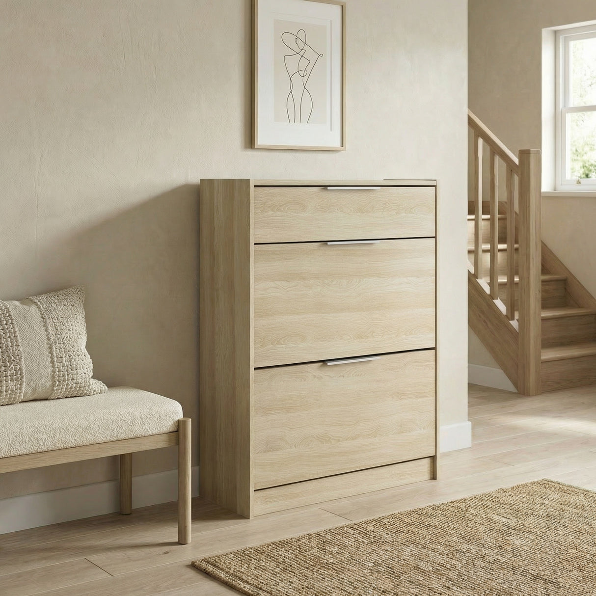 Chad 2 Door 1 Drawer Oak Shoe Cabinet - FurniComp