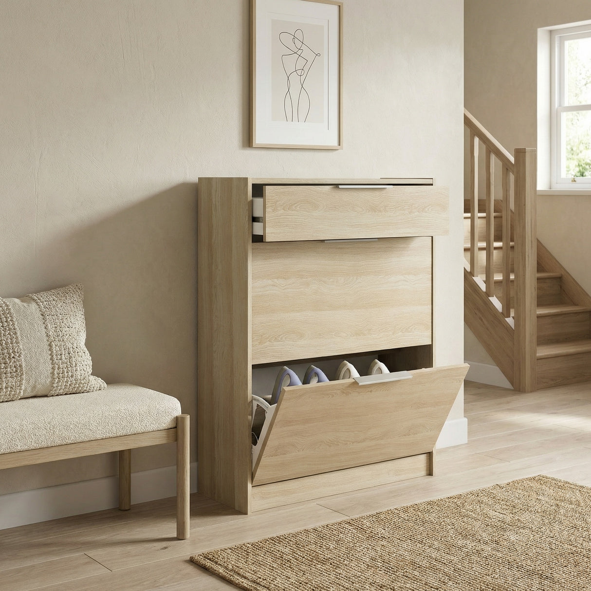 Chad 2 Door 1 Drawer Oak Shoe Cabinet - FurniComp