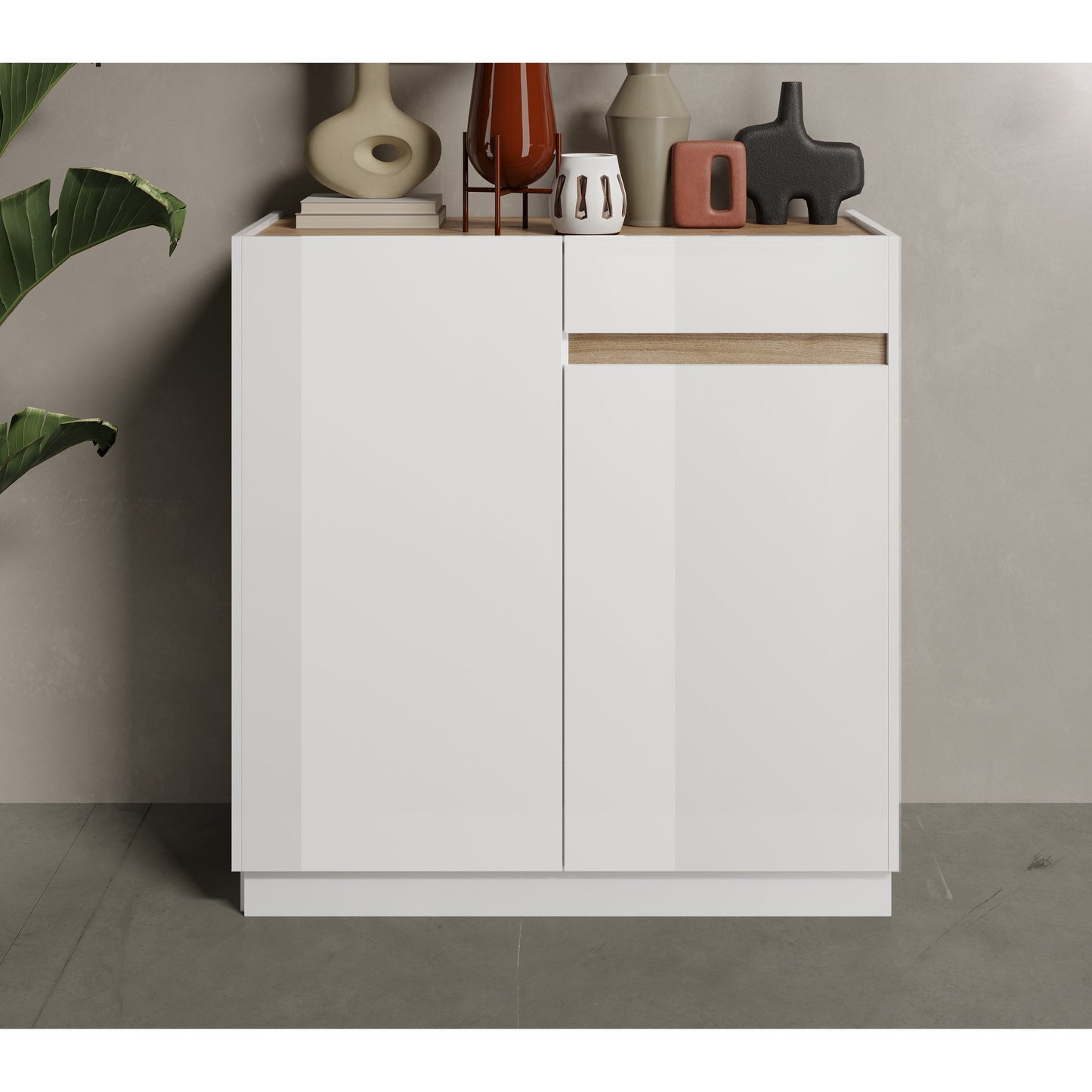 Chelsea 2 Door 1 Drawer Compact White Gloss and Cadiz Oak Sideboard - FurniComp