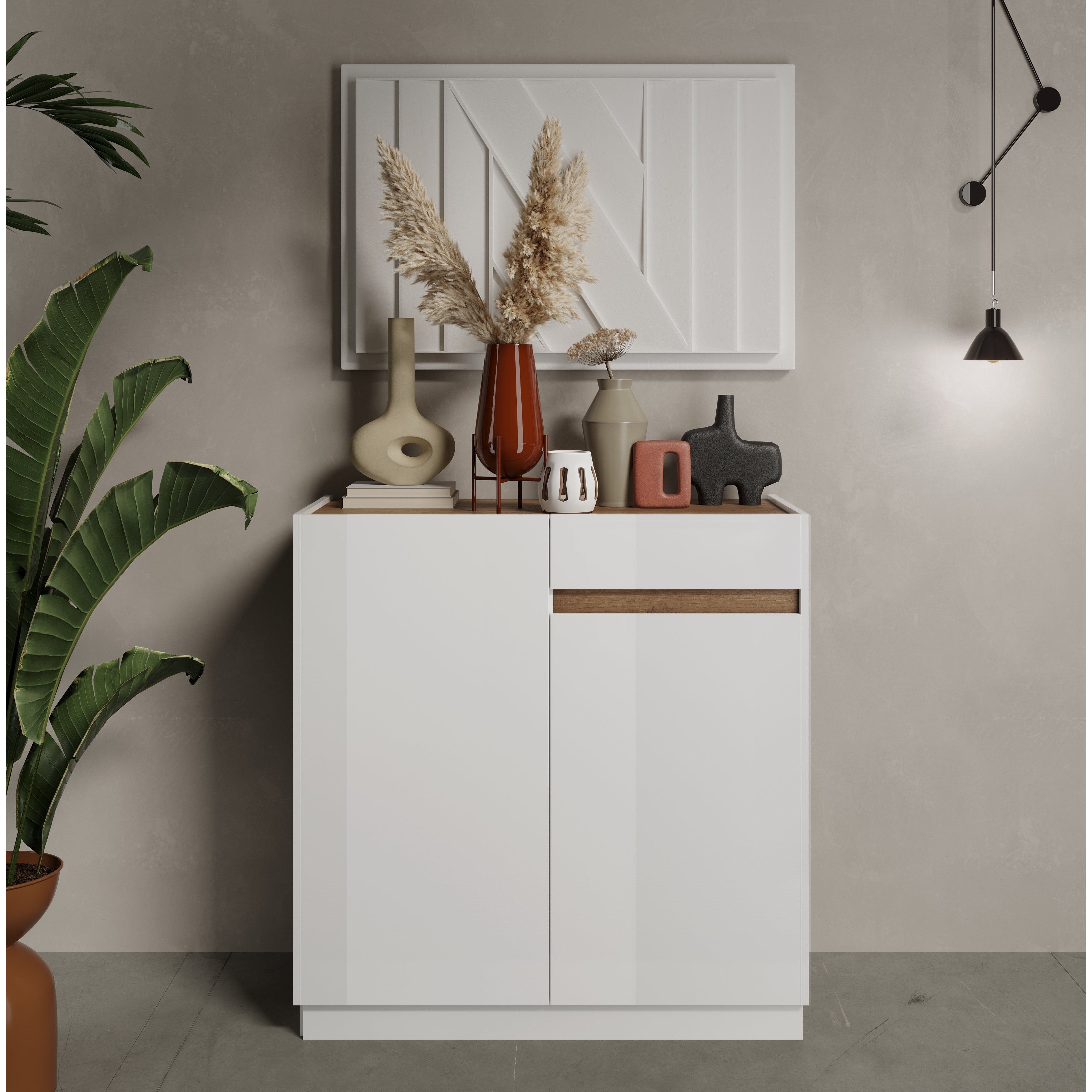 Chelsea 2 Door 1 Drawer Compact White Gloss and Mercure Oak Sideboard - FurniComp