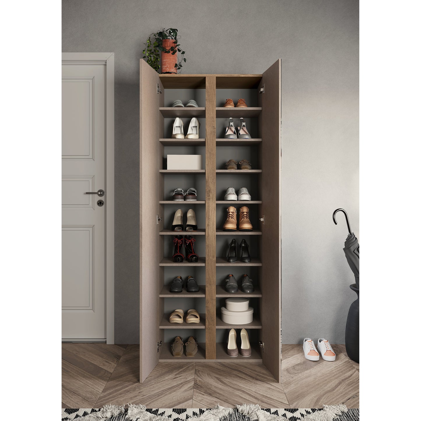 Chelsea 2 Door Bronze and Mercure Oak Tall Mirrored Shoe Storage Cupboard Cabinet - FurniComp