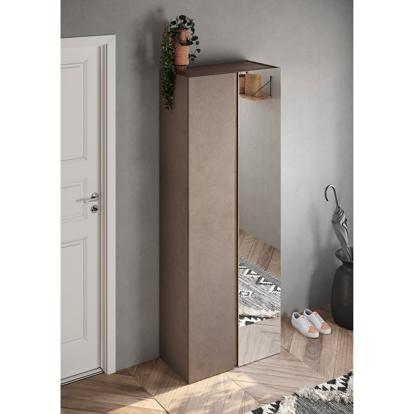 Chelsea 2 Door Bronze and Mercure Oak Tall Mirrored Shoe Storage Cupboard Cabinet - FurniComp