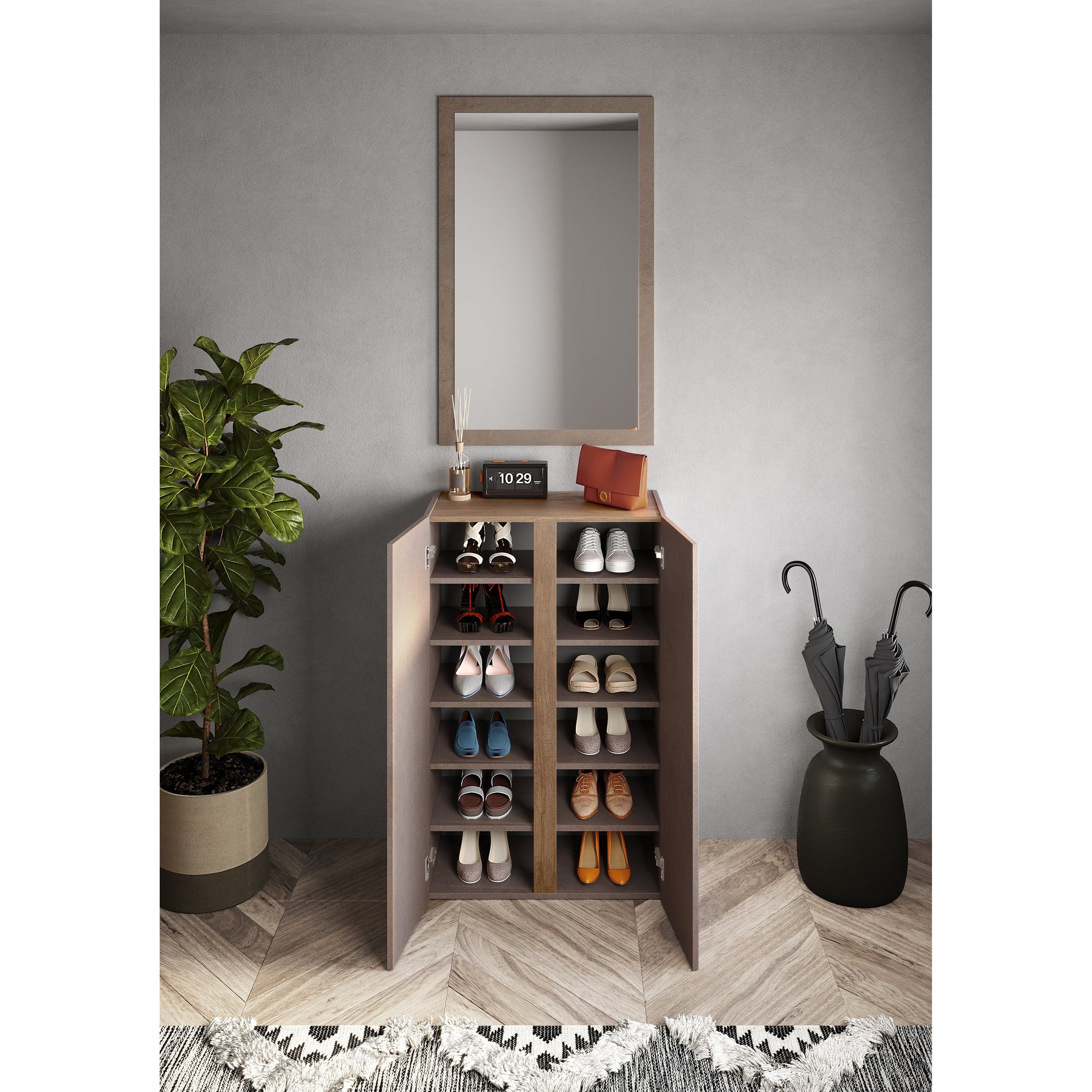 Chelsea 2 Door Bronze and Mercure Oak Large 25 Pair Shoe Storage Cupboard - FurniComp