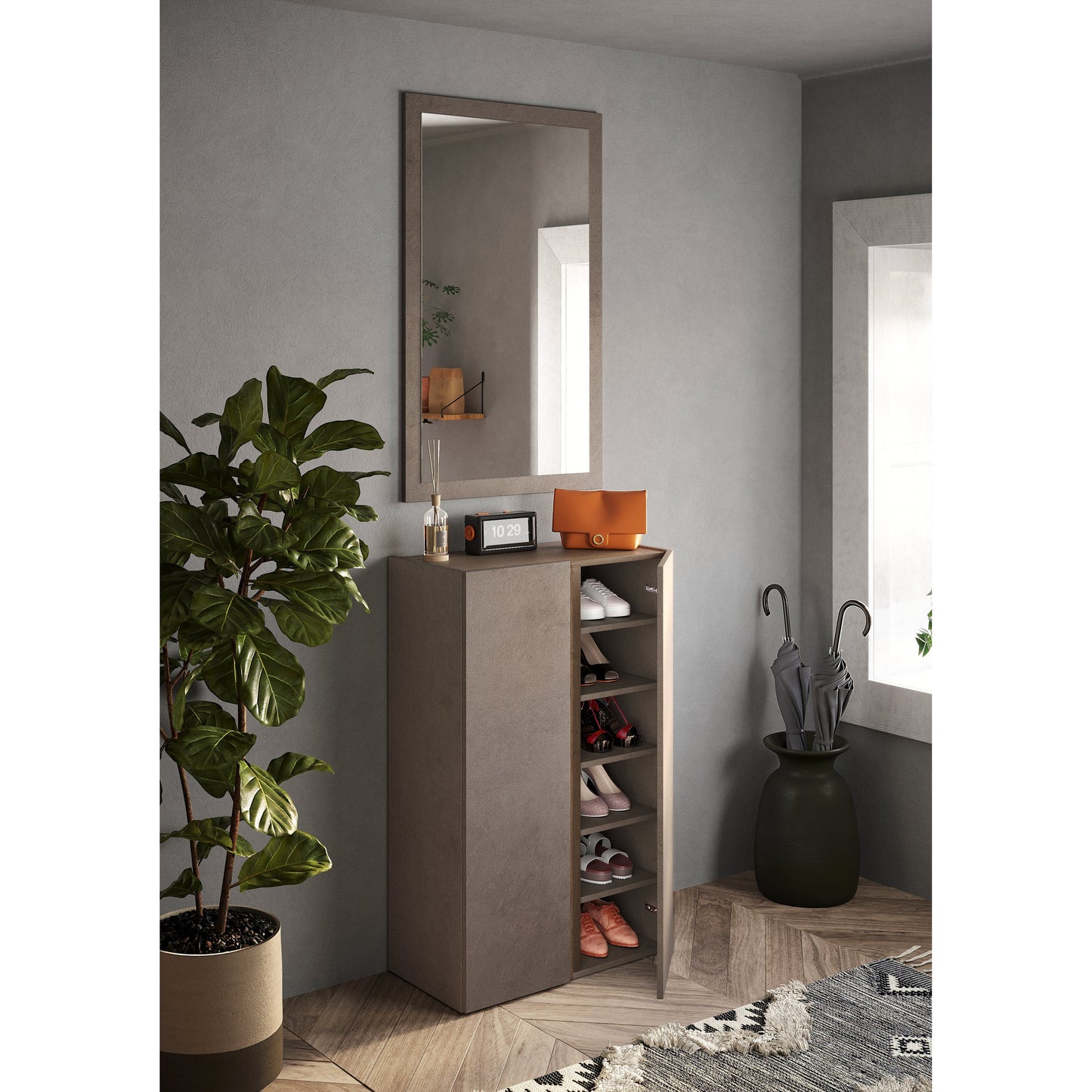 Chelsea 2 Door Bronze and Mercure Oak Large 25 Pair Shoe Storage Cupboard - FurniComp