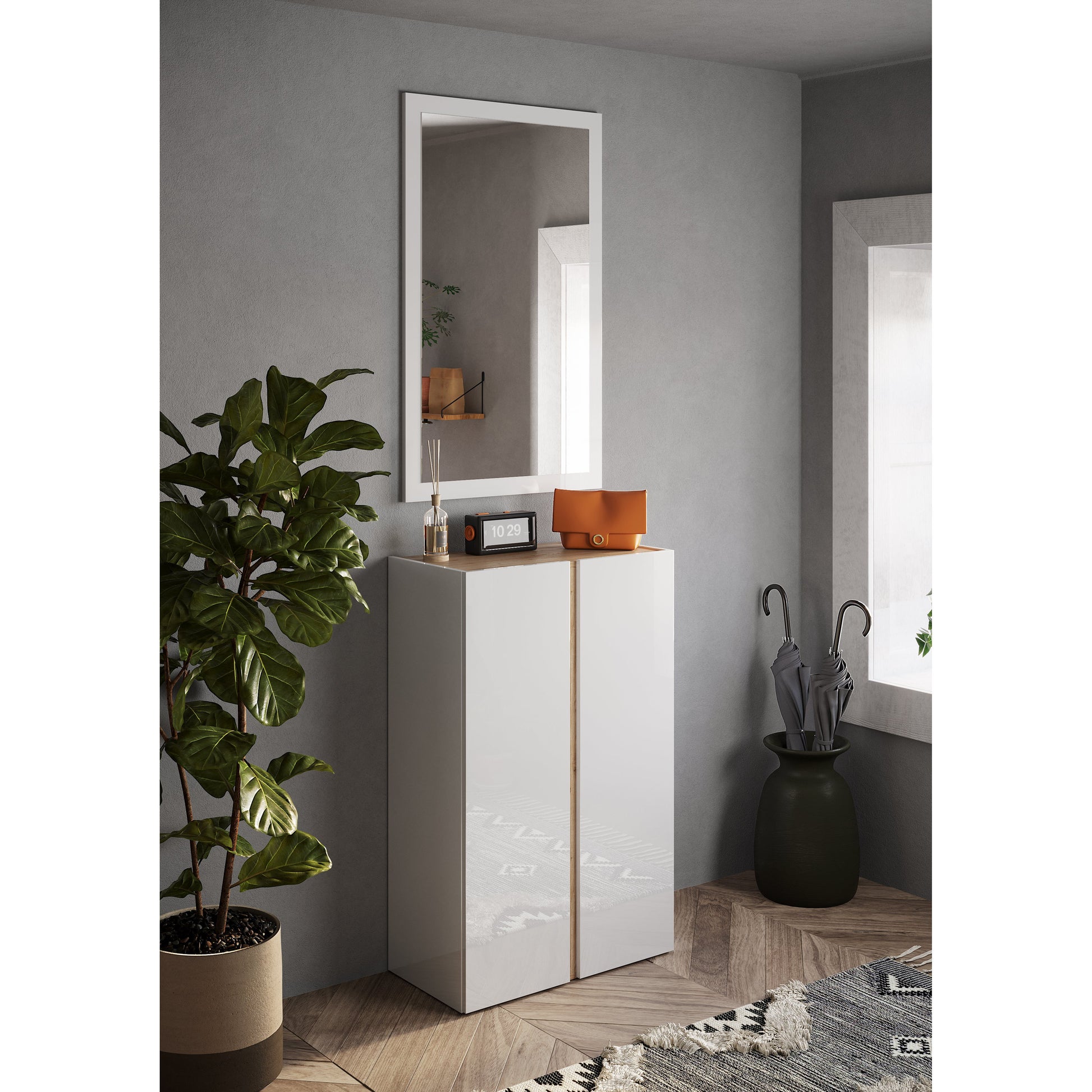 Chelsea 2 Door White Gloss and Cadiz Oak Large 25 Pair Shoe Storage Cupboard - FurniComp