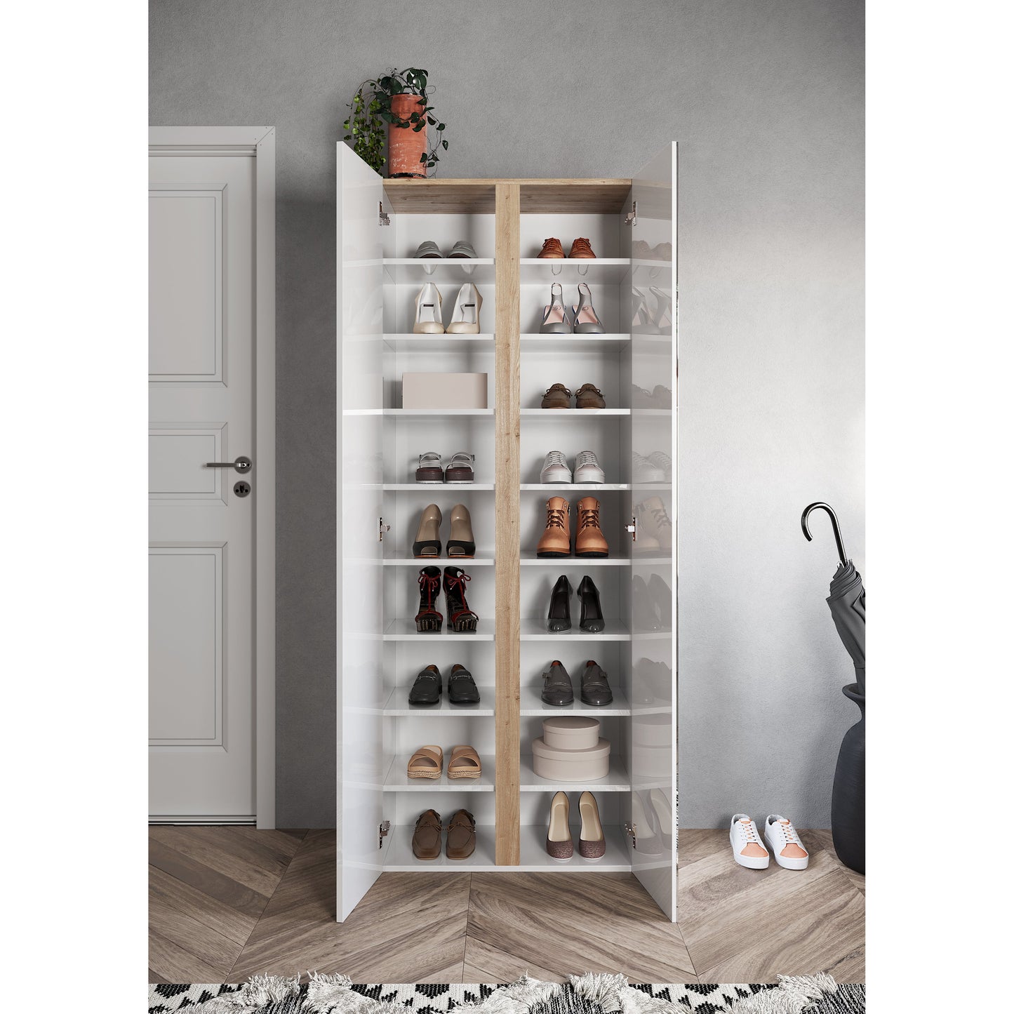 Chelsea 2 Door White Gloss and Cadiz Oak Tall Mirrored Shoe Storage Cupboard Cabinet - FurniComp