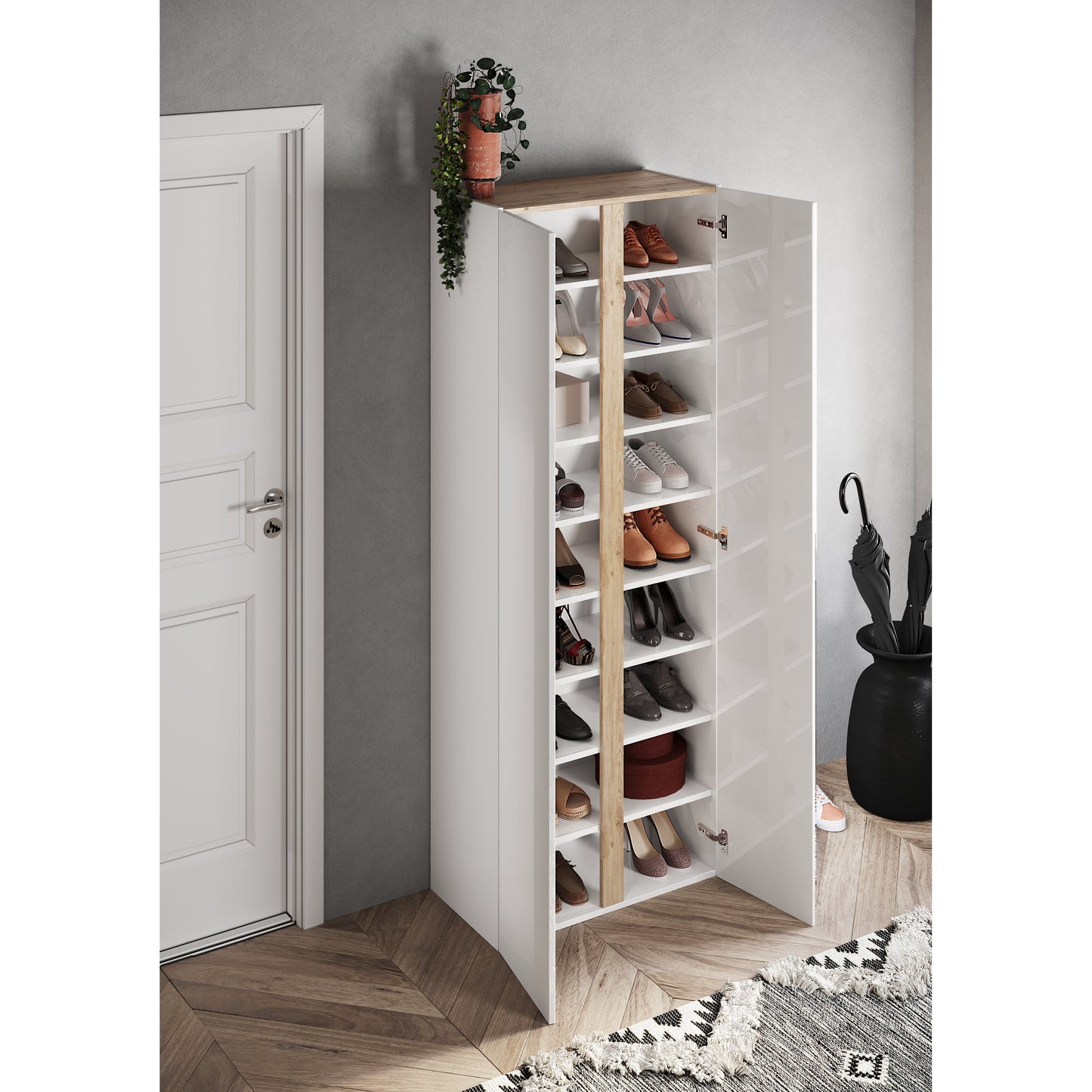 Chelsea 2 Door White Gloss and Cadiz Oak Tall Mirrored Shoe Storage Cupboard Cabinet - FurniComp