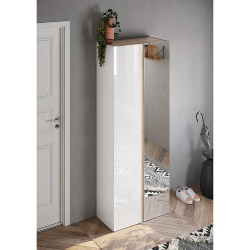 Chelsea 2 Door White Gloss and Cadiz Oak Tall Mirrored Shoe Storage Cupboard Cabinet - FurniComp