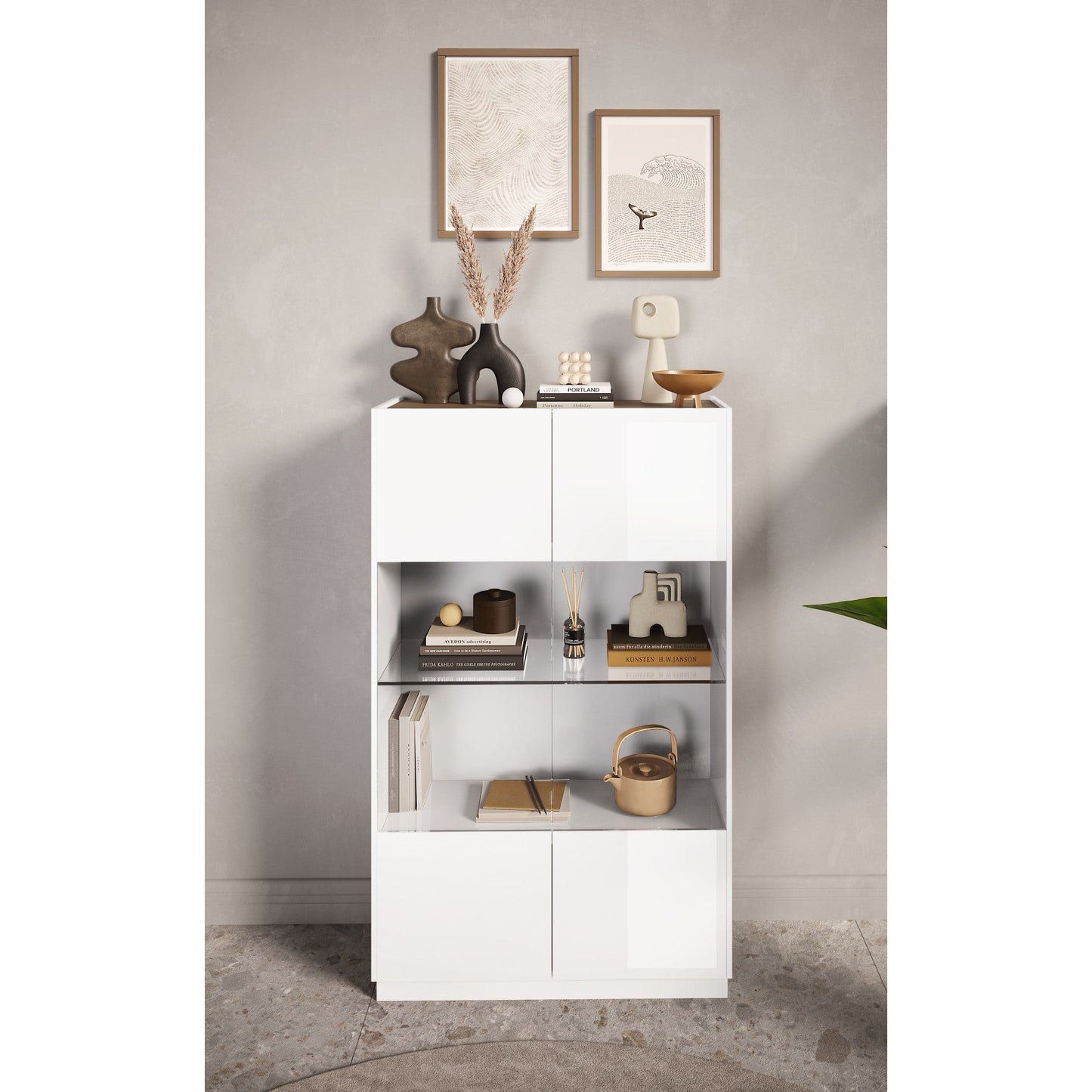 Chelsea 2 Door Large White Gloss and Mercure Oak Glass Display Cabinet - FurniComp