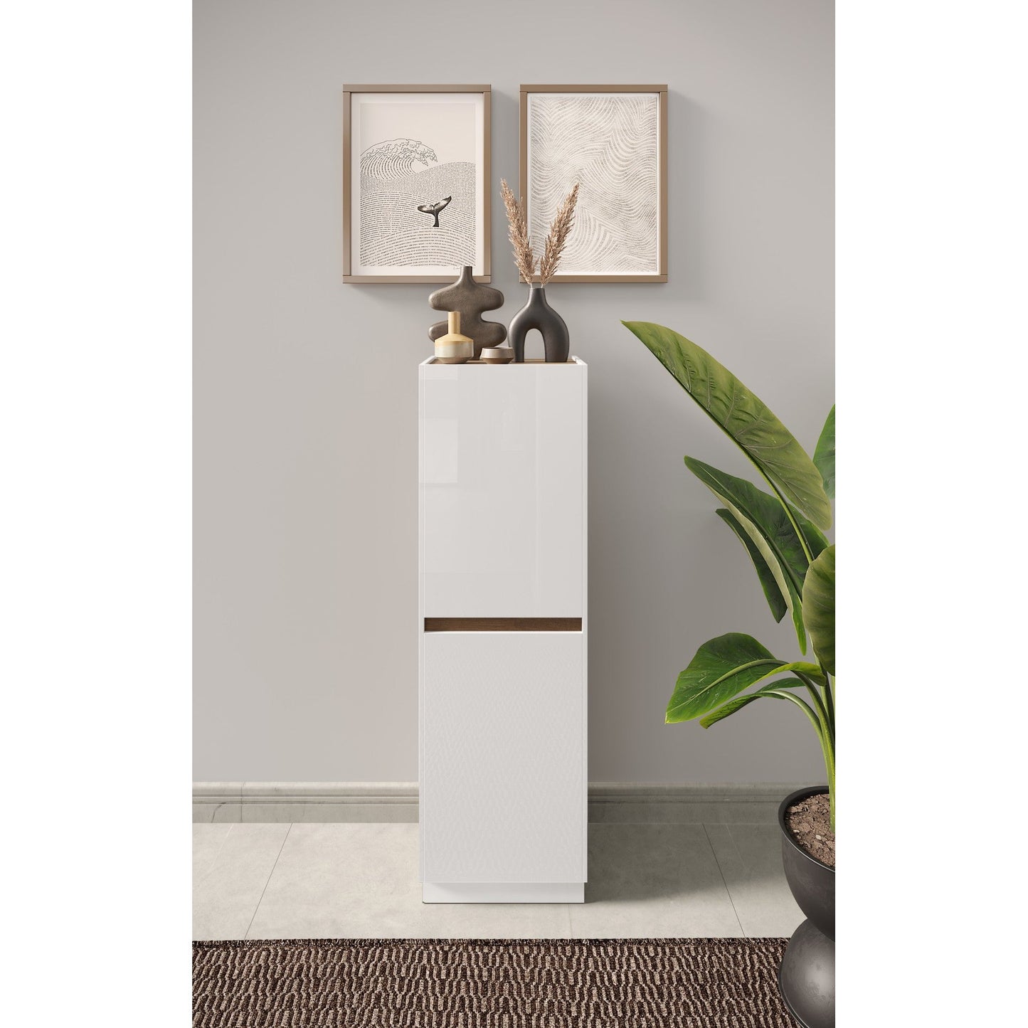 Chelsea 2 Door White Gloss and Mercure Oak Tallboy Storage Cupboard - FurniComp