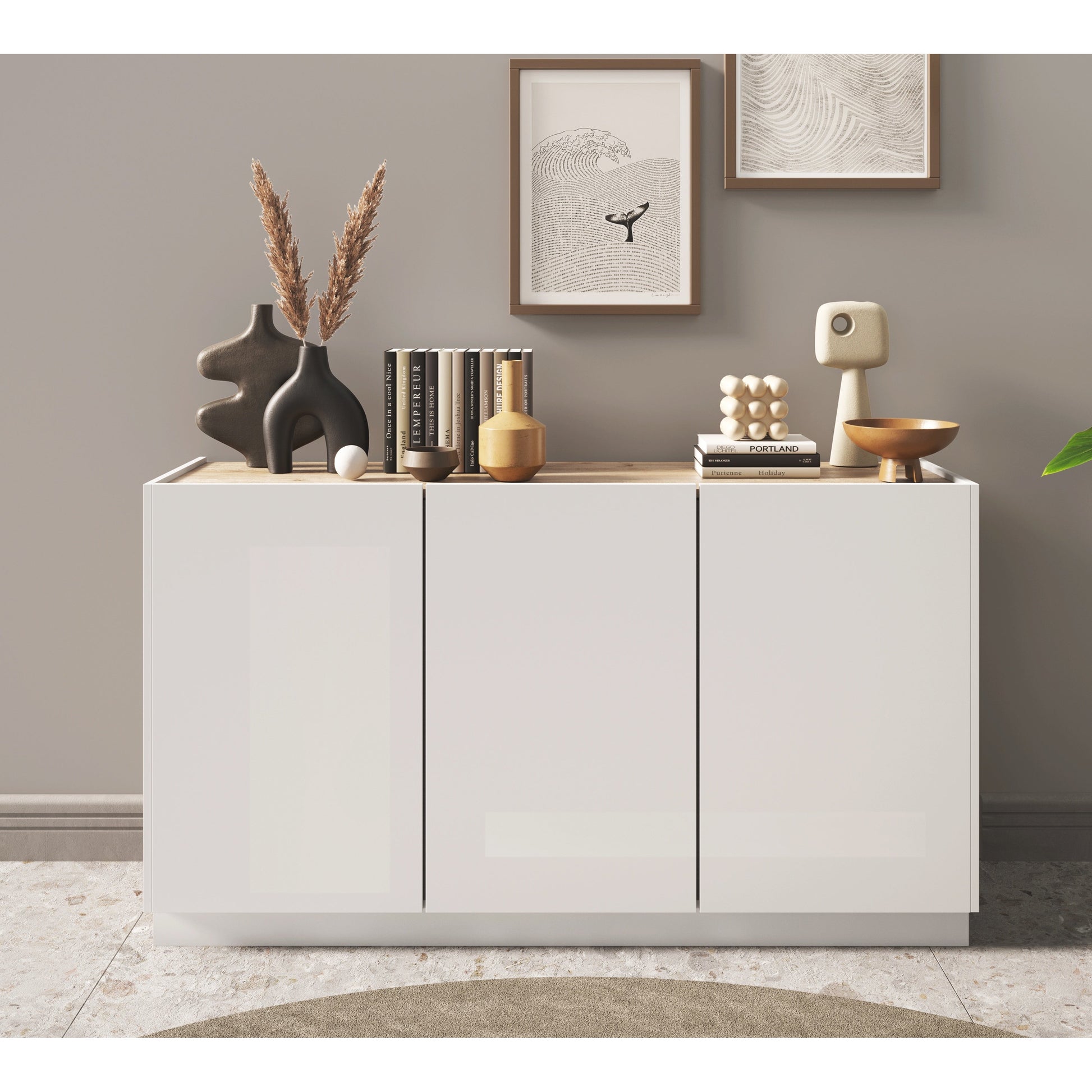 Chelsea 3 Door White Gloss and Cadiz Oak Sideboard - FurniComp