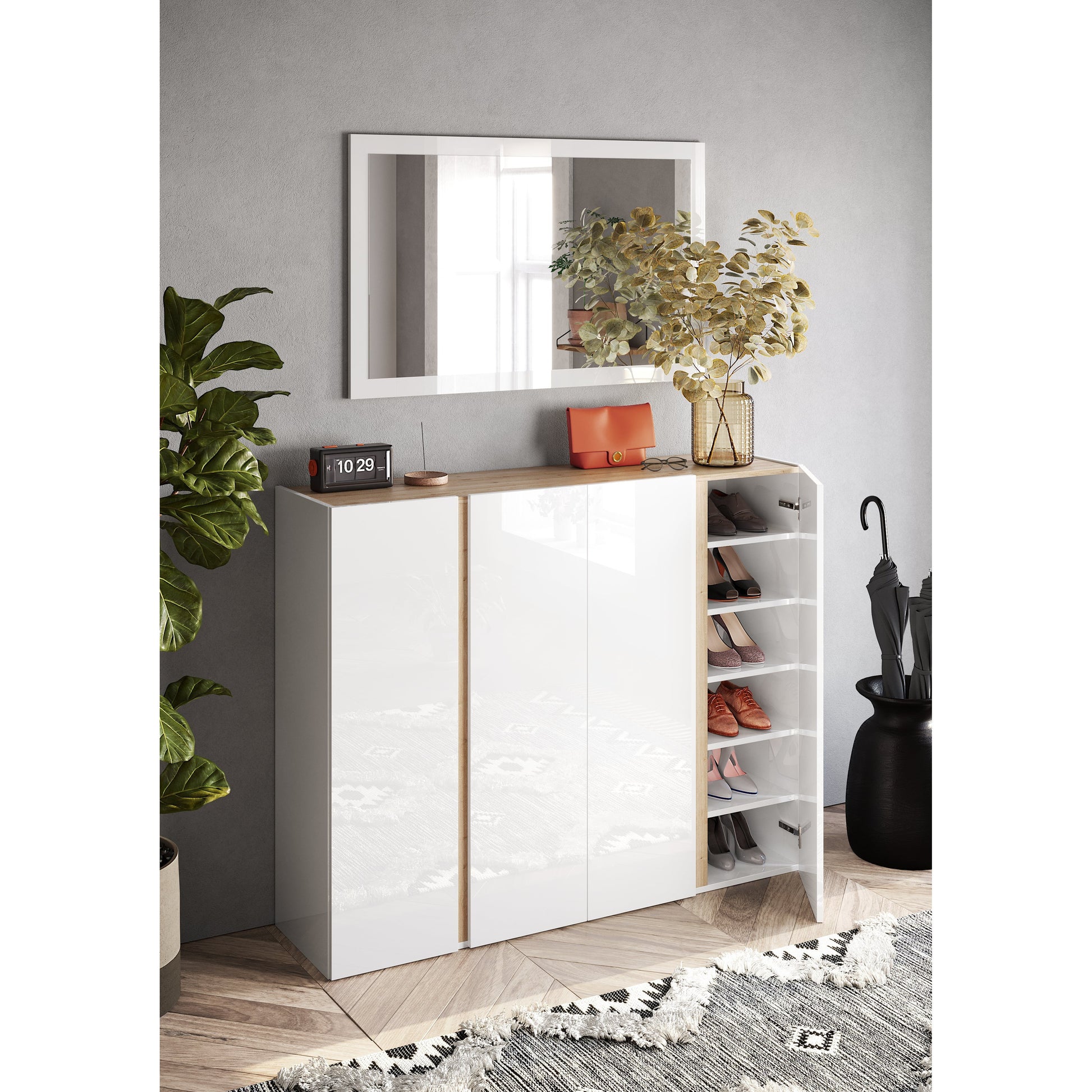 Chelsea 4 Door White Gloss and Cadiz Oak Large 50 Pair Shoe Cabinet - FurniComp