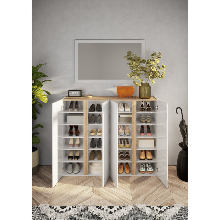 Chelsea 4 Door White Gloss and Cadiz Oak Large 50 Pair Shoe Cabinet - FurniComp