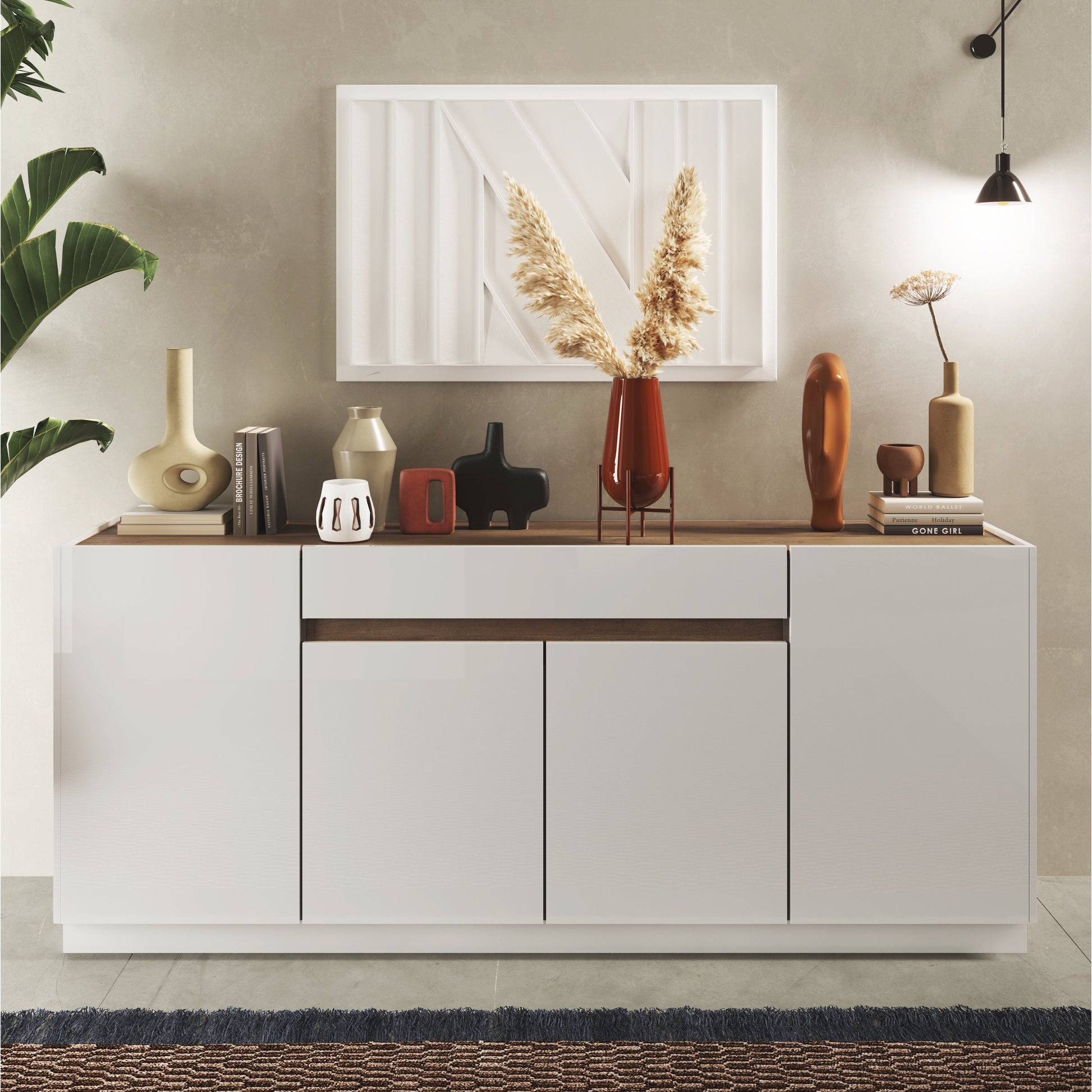 Chelsea 4 Door 1 Drawer Large White Gloss and Mercure Oak Sideboard - FurniComp