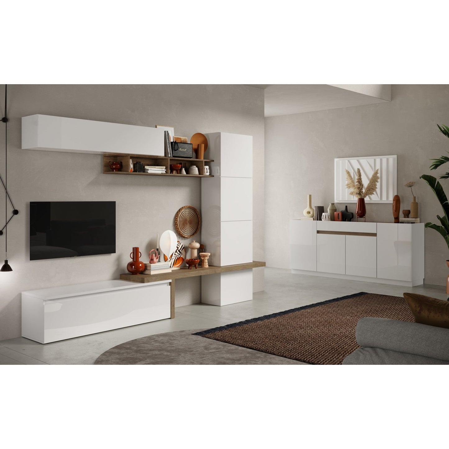 Chelsea 4 Door Large White Gloss and Mercure Oak Highboard/Tall Sideboard - FurniComp