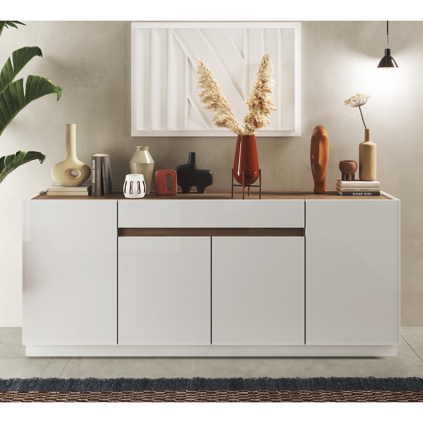 Chelsea 4 Door 1 Drawer Large White Gloss and Mercure Oak Sideboard - FurniComp