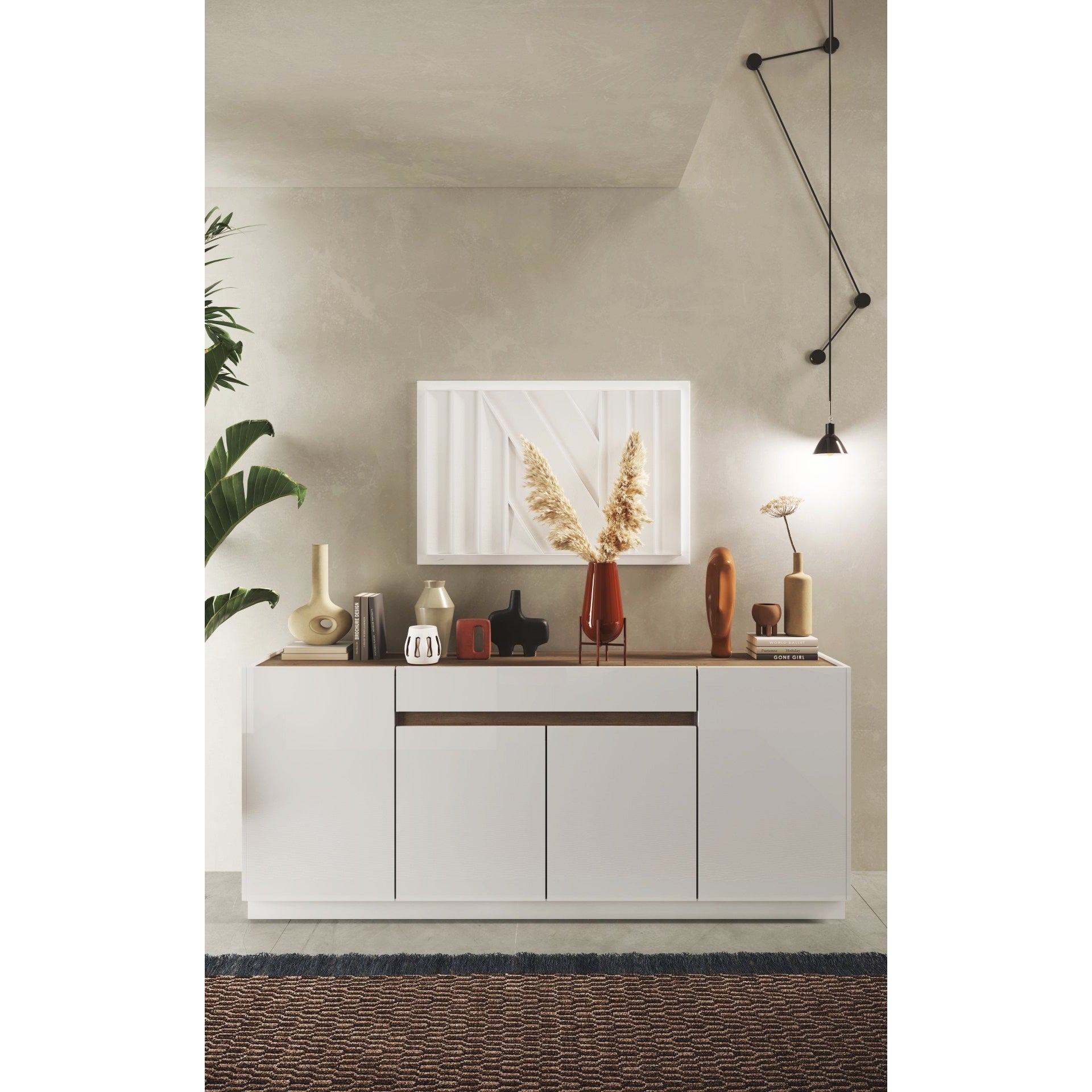 Chelsea 4 Door 1 Drawer Large White Gloss and Mercure Oak Sideboard - FurniComp