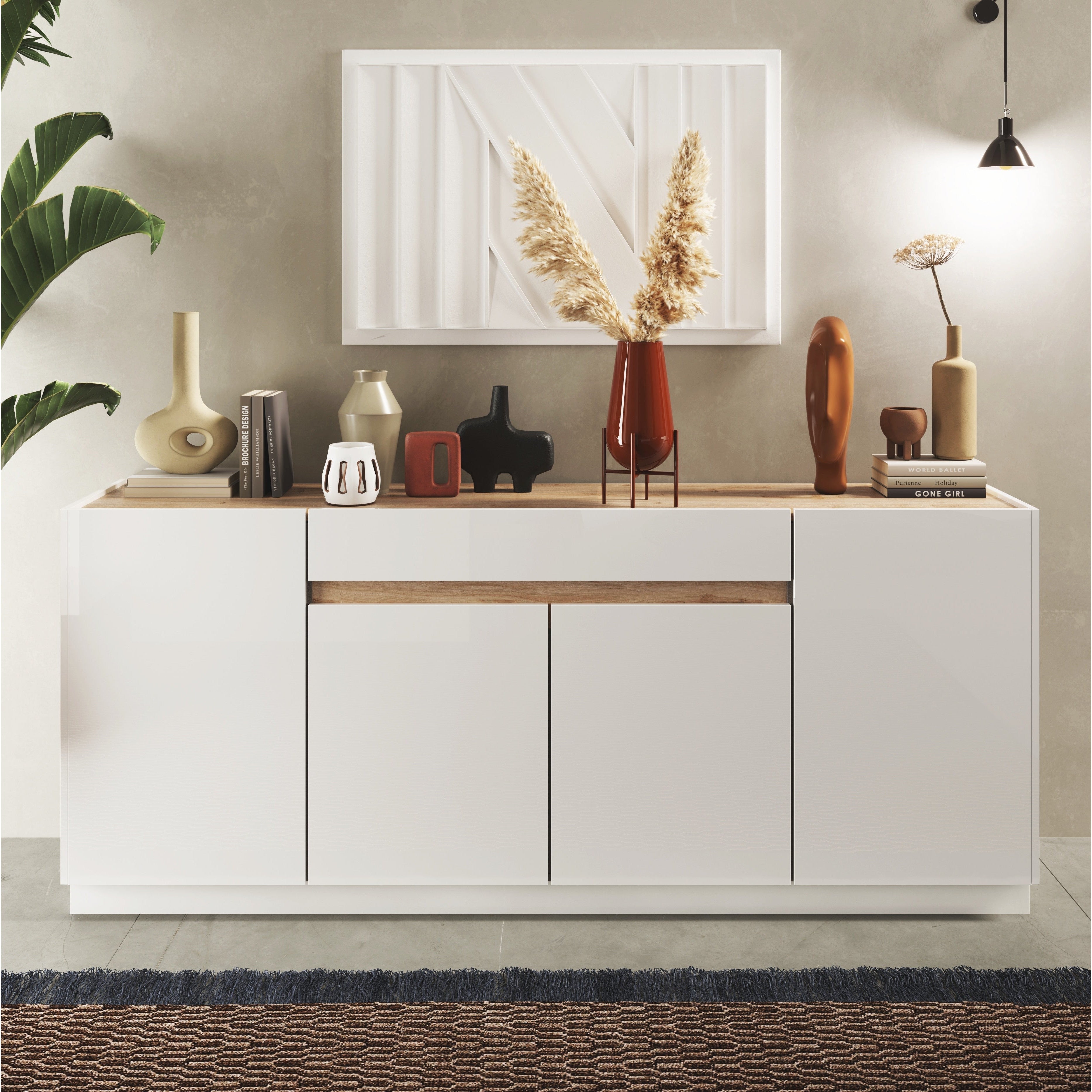 Chelsea 4 Door 1 Drawer White Gloss and Cadiz Oak Large Sideboard - FurniComp