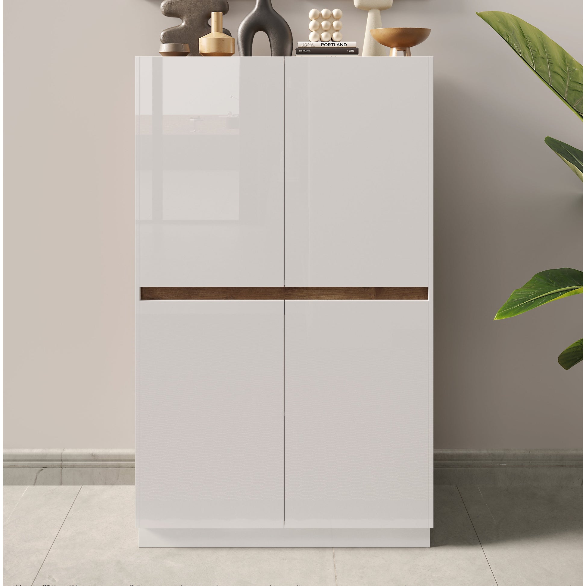 Chelsea 4 Door Large White Gloss and Mercure Oak Highboard/Tall Sideboard - FurniComp