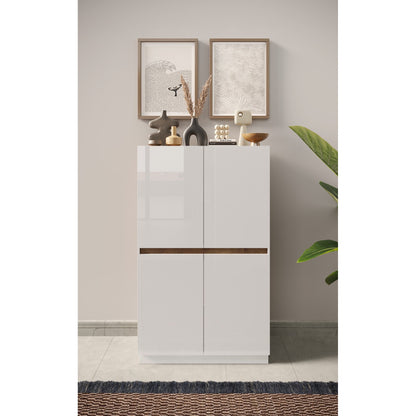 Chelsea 4 Door Large White Gloss and Mercure Oak Highboard/Tall Sideboard - FurniComp