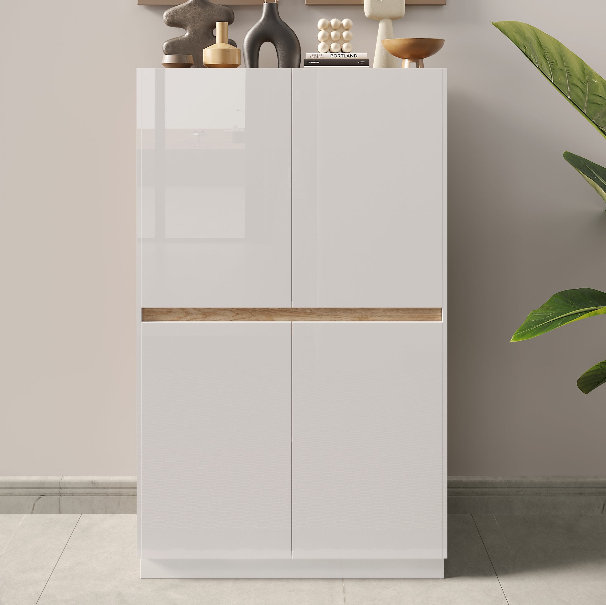 Chelsea 4 Door White Gloss and Cadiz Oak Tall Sideboard/Highboard - FurniComp