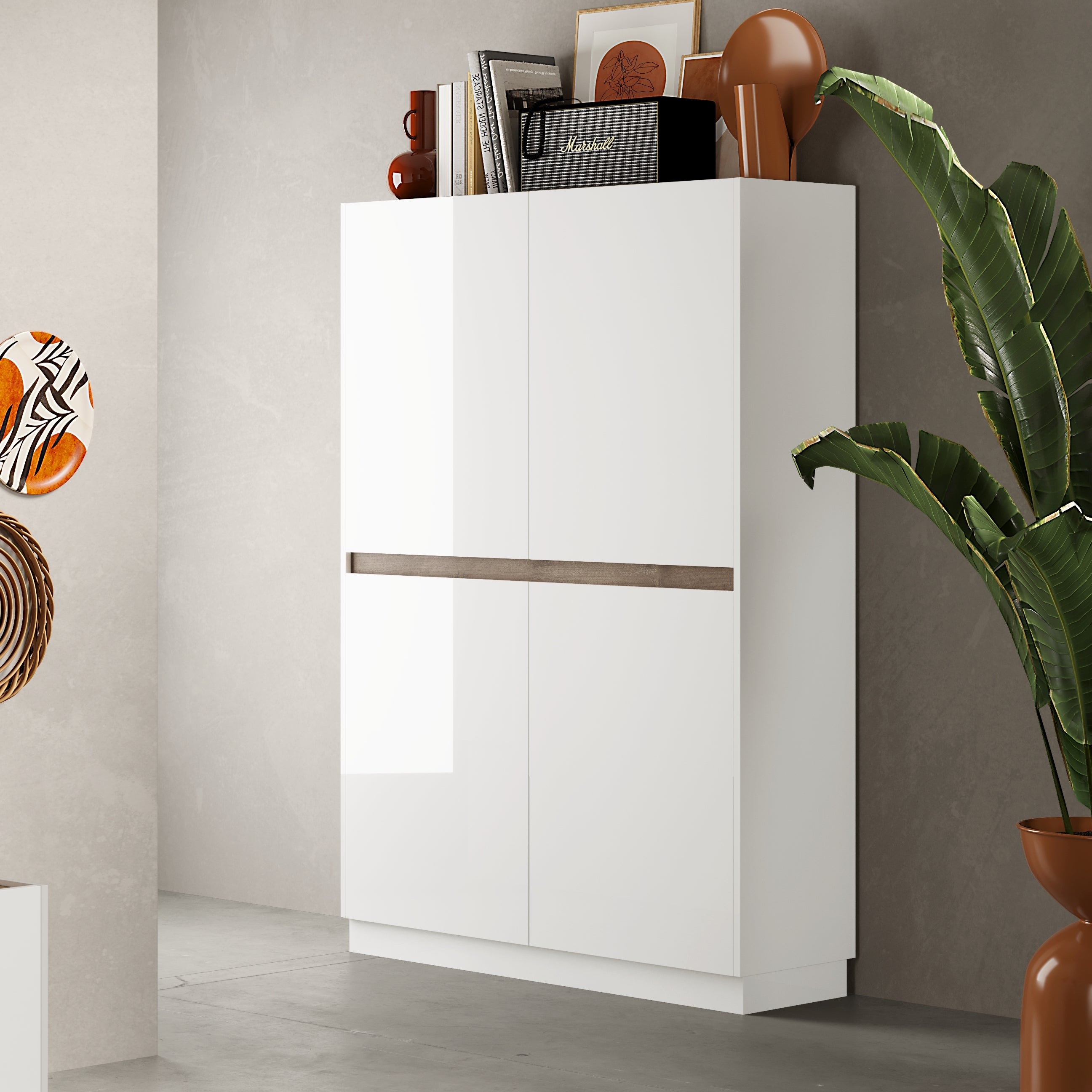 Chelsea 4 Door Large White Gloss and Mercure Oak Highboard/Tall Sideboard - FurniComp