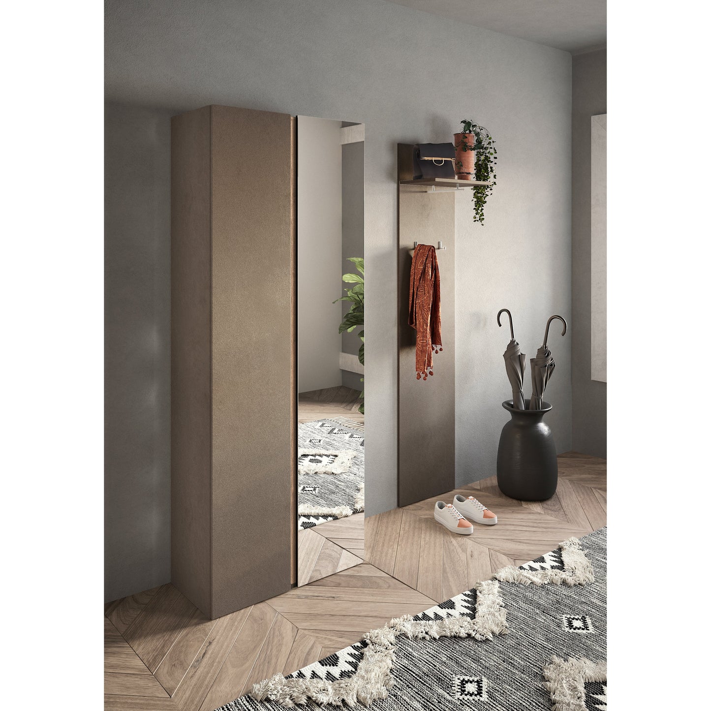 Chelsea 2 Door Bronze and Mercure Oak Tall Mirrored Shoe Storage Cupboard Cabinet - FurniComp