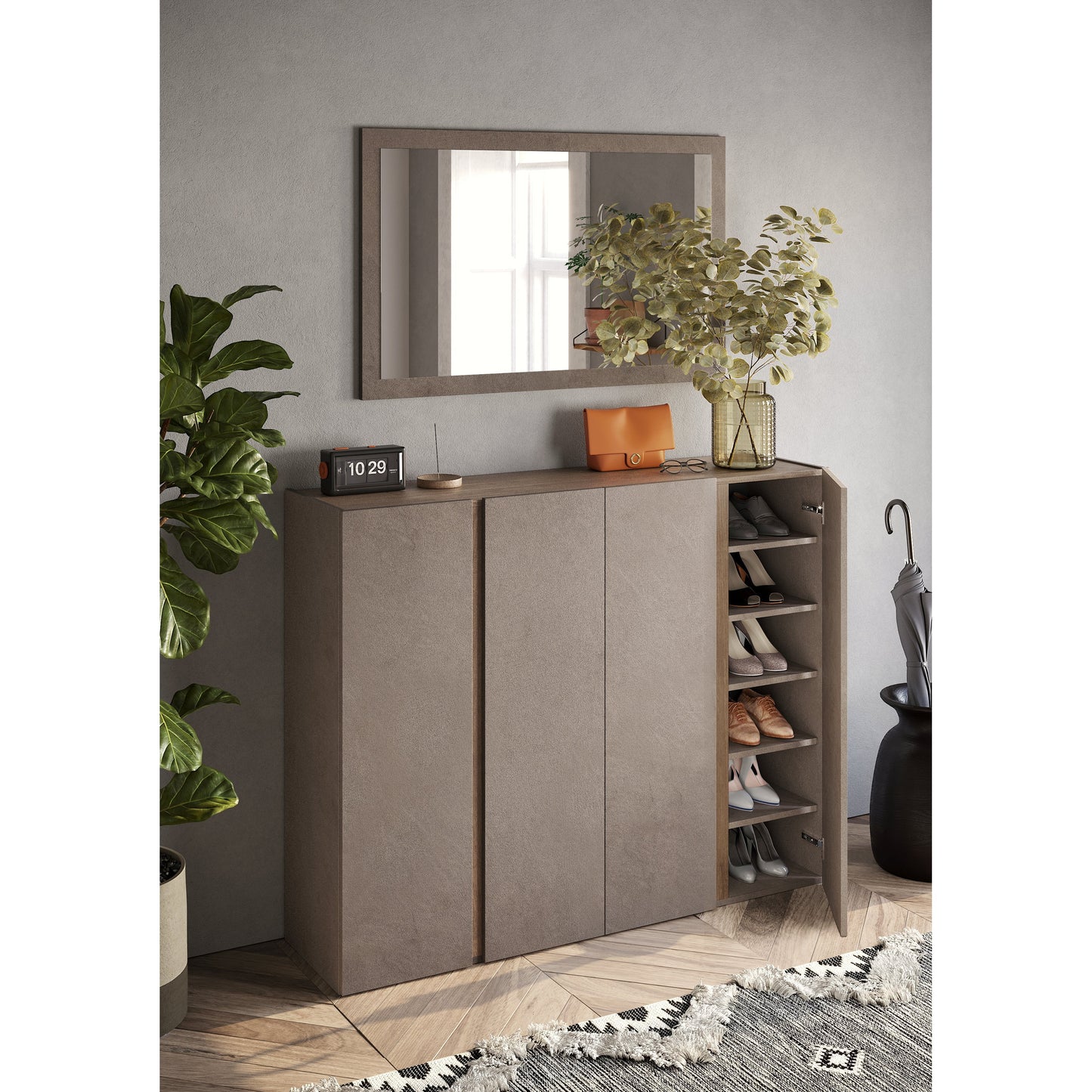 Chelsea 4 Door Bronze and Mercure Oak Large 50 Pair Shoe Cabinet - FurniComp