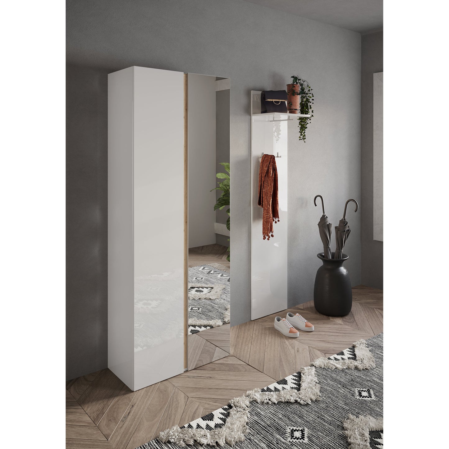 Chelsea 2 Door White Gloss and Cadiz Oak Tall Mirrored Shoe Storage Cupboard Cabinet - FurniComp