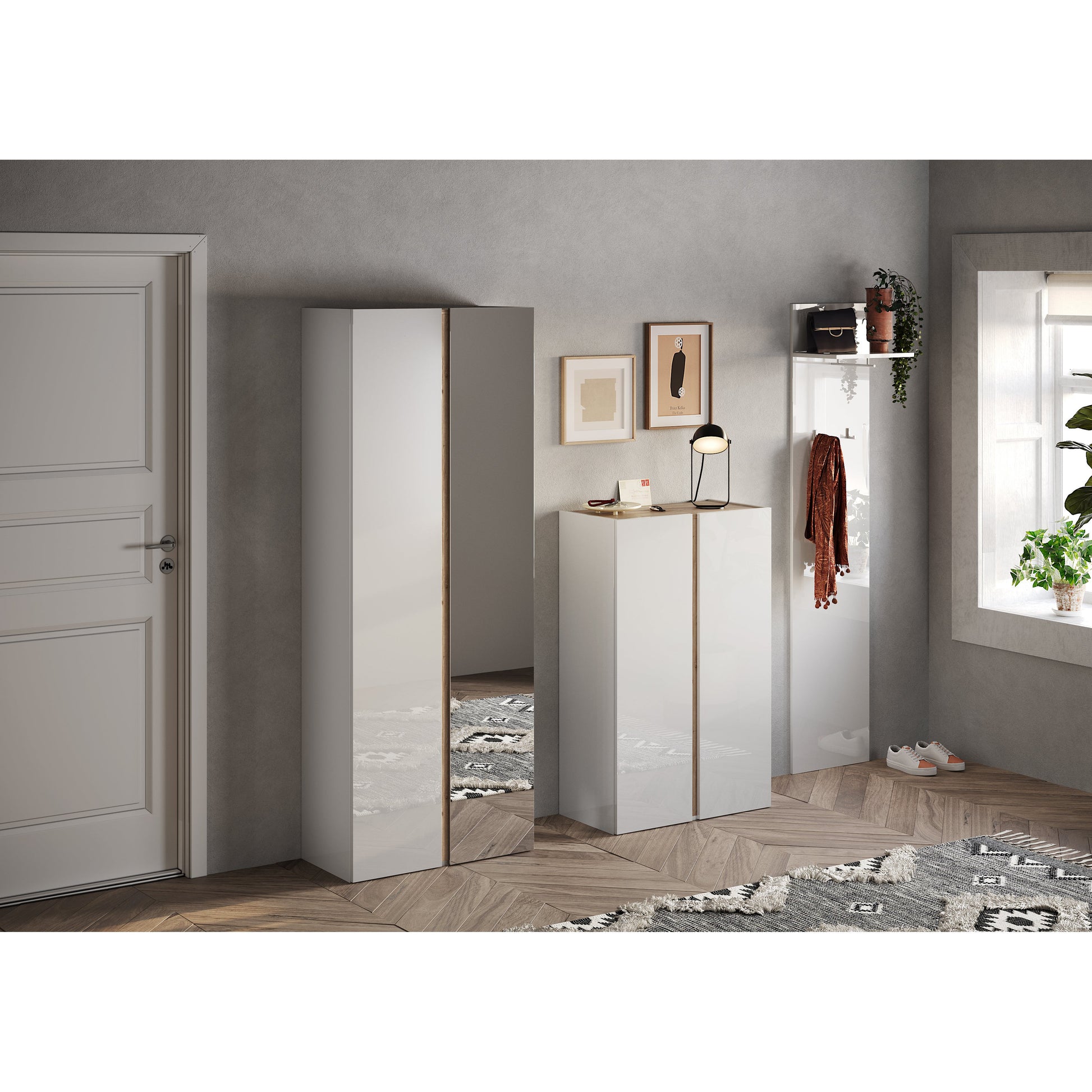 Chelsea 2 Door White Gloss and Cadiz Oak Tall Mirrored Shoe Storage Cupboard Cabinet - FurniComp