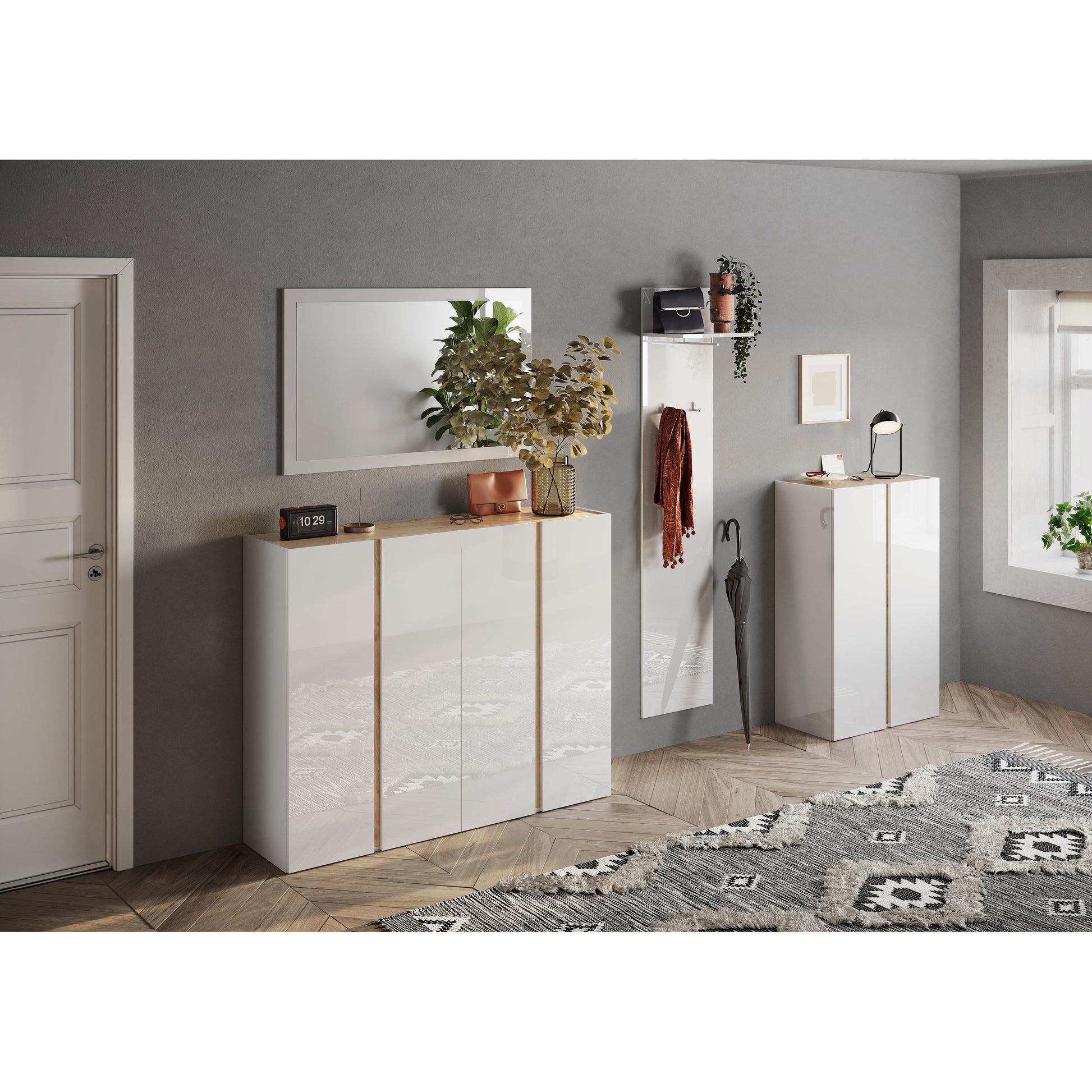 Chelsea 2 Door White Gloss and Cadiz Oak Large 25 Pair Shoe Storage Cupboard - FurniComp