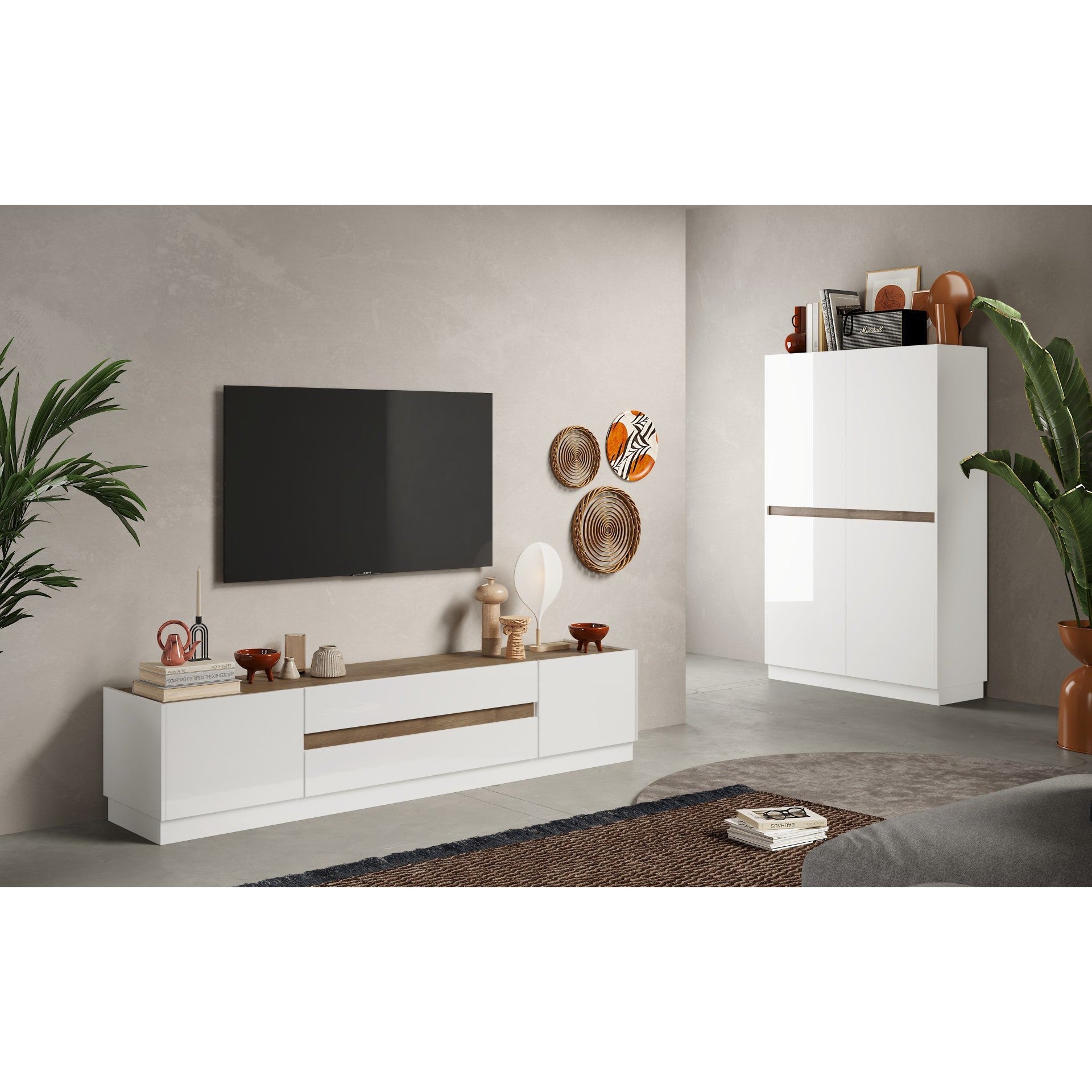 Chelsea 2 Door 2 Drawer Large White Gloss and Mercure Oak TV Stand - FurniComp