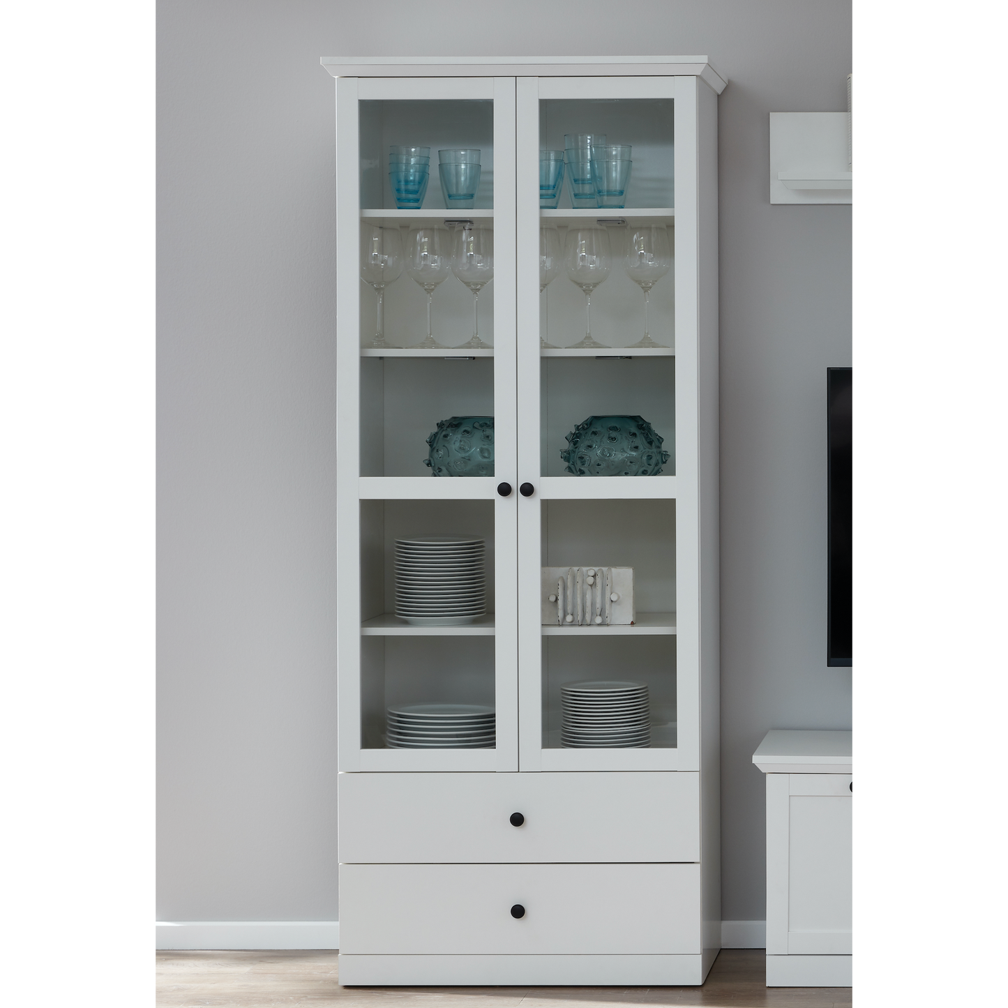 Cheshire 2 Door 2 Drawer White Country Style Glass Display Cabinet - FurniComp