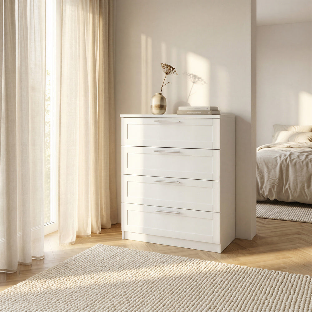 Denver 4 Drawer White Panelled Chest of Drawer - FurniComp