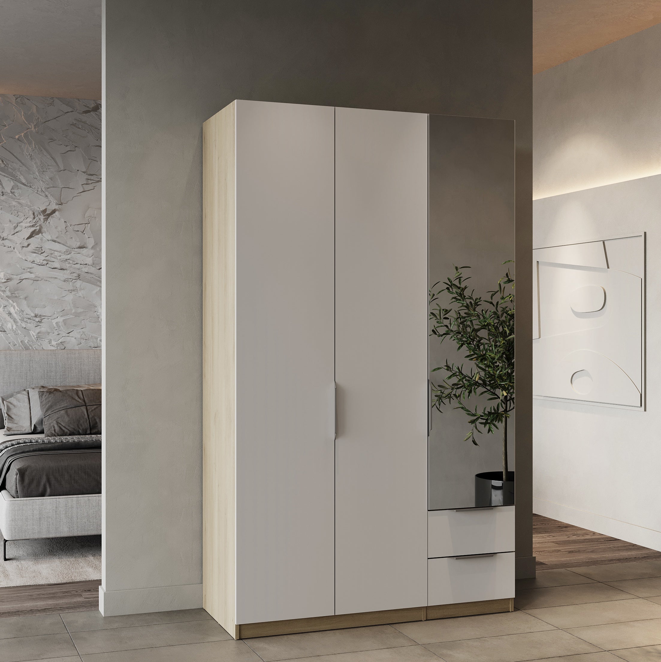 Chicago 3 Door 2 Drawer Matt White & Oak Effect 120cm Mirrored Triple Wardrobe - FurniComp