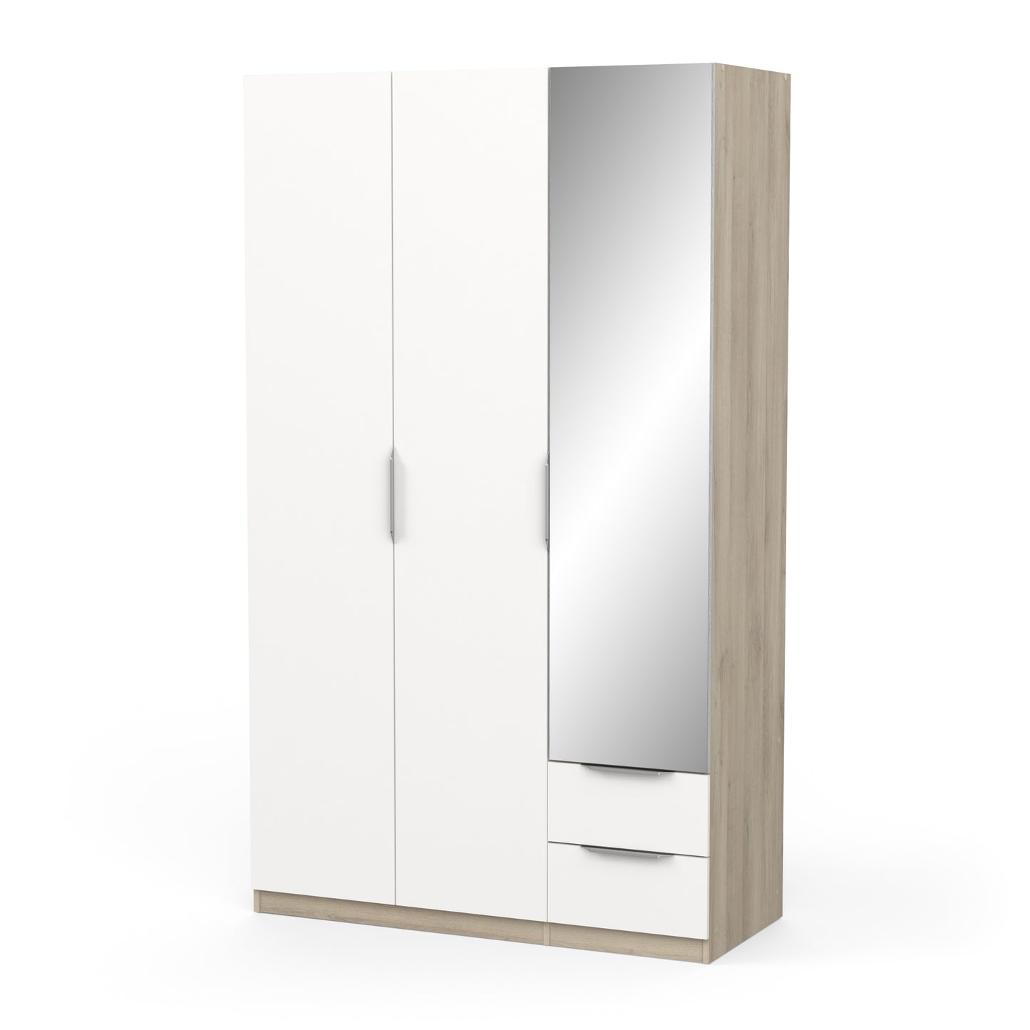 Chicago 3 Door 2 Drawer Matt White & Oak Effect 120cm Mirrored Triple Wardrobe - FurniComp