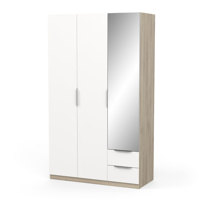 Chicago 3 Door 2 Drawer Matt White & Oak Effect 120cm Mirrored Triple Wardrobe - FurniComp