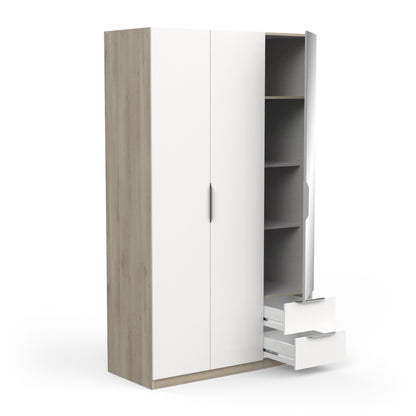 Chicago 3 Door 2 Drawer Matt White & Oak Effect 120cm Mirrored Triple Wardrobe - FurniComp