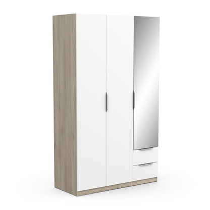 Chicago 3 Door 2 Drawer Matt White & Oak Effect 120cm Mirrored Triple Wardrobe - FurniComp