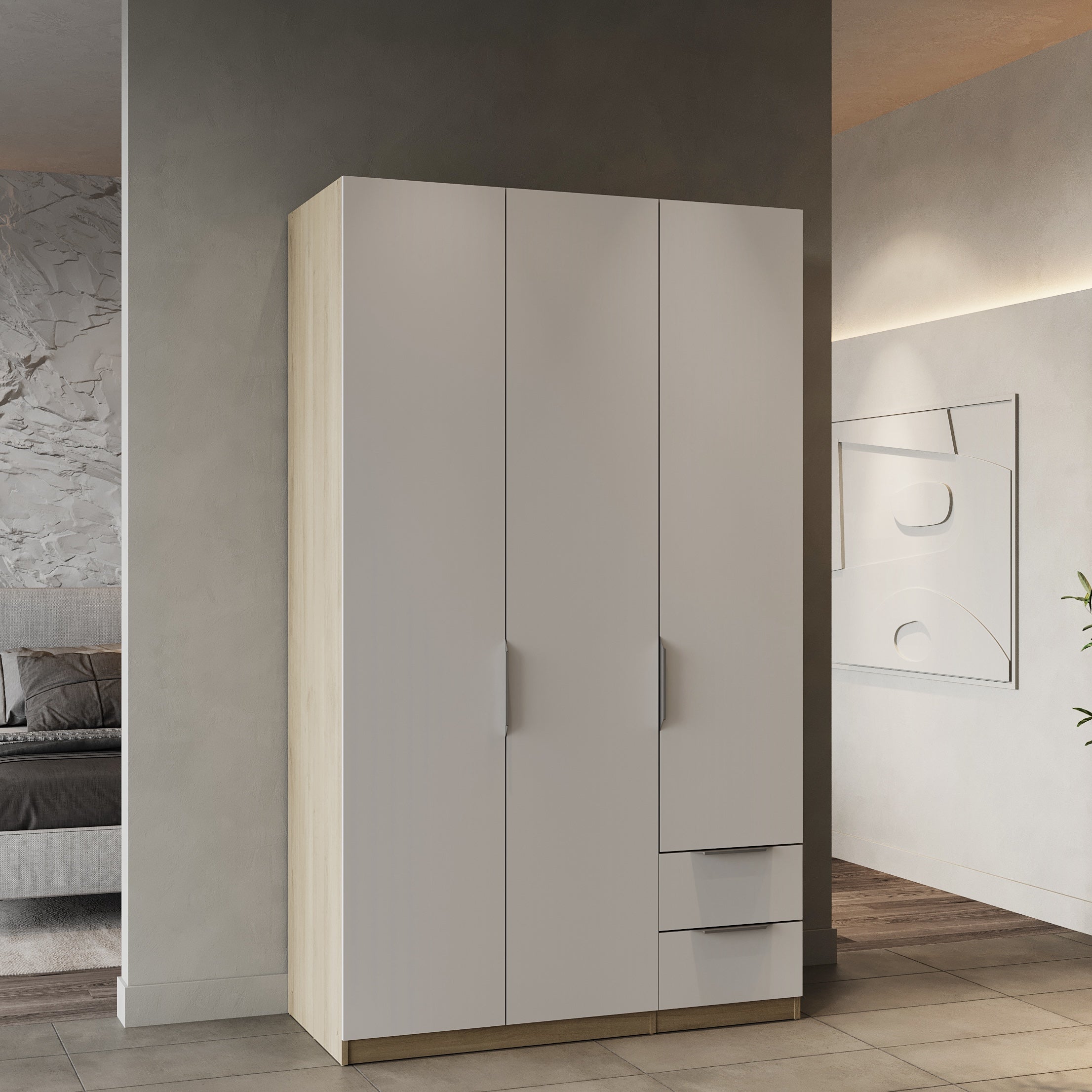 Chicago 3 Door 2 Drawer Matt White & Oak Effect 120cm Space Saving Triple Wardrobe - FurniComp