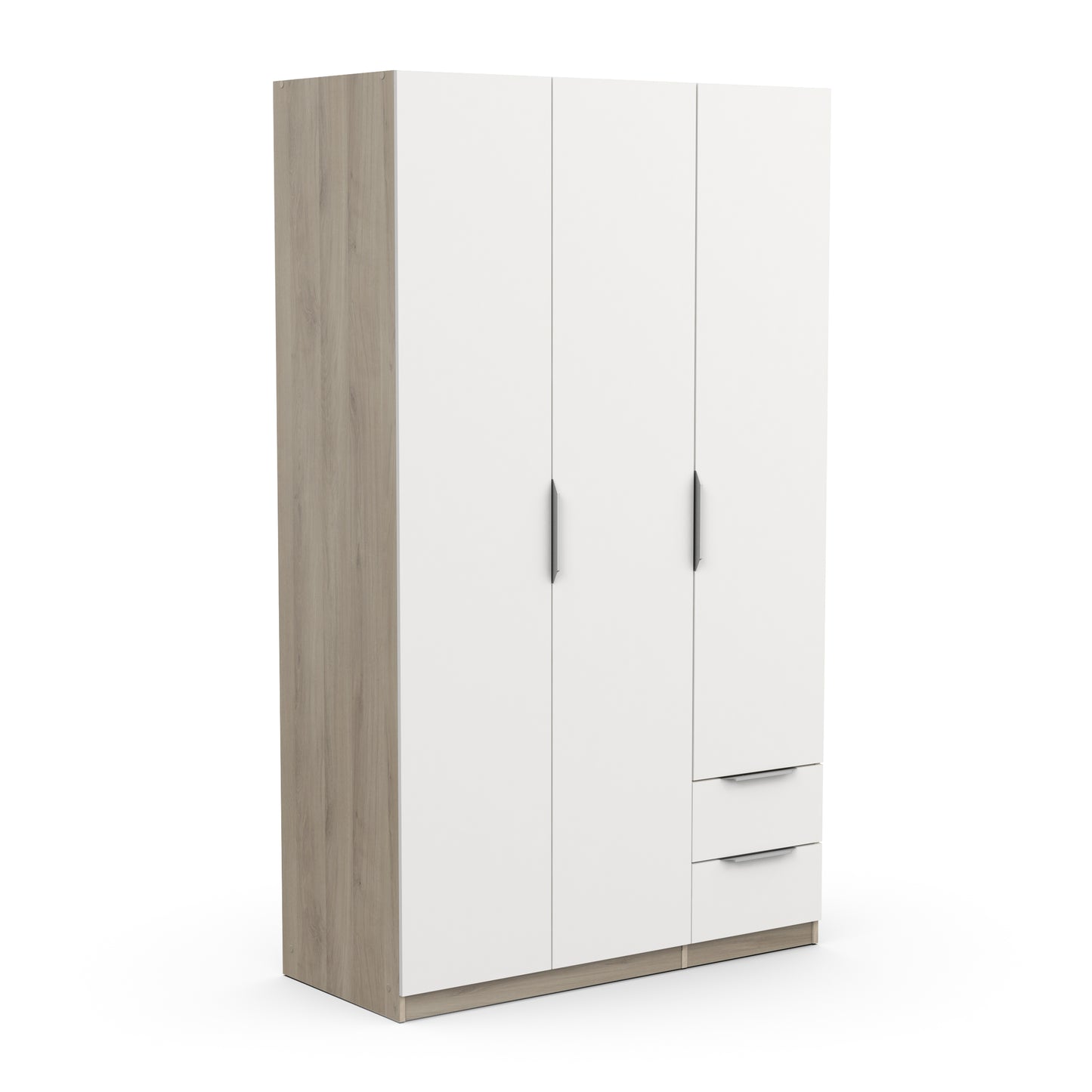 Chicago 3 Door 2 Drawer Matt White & Oak Effect 120cm Space Saving Triple Wardrobe - FurniComp