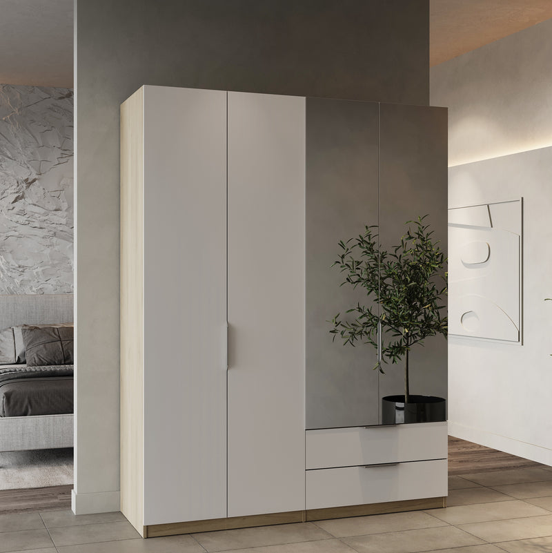 Chicago 4 Door 2 Drawer 160cm Matt White and Oak Effect Mirrored Wardrobe