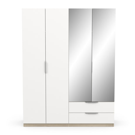 Chicago 4 Door 2 Drawer 160cm Matt White & Oak Effect Mirrored Wardrobe - FurniComp