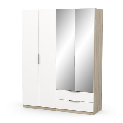 Chicago 4 Door 2 Drawer 160cm Matt White & Oak Effect Mirrored Wardrobe - FurniComp