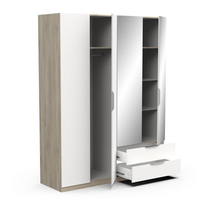 Chicago 4 Door 2 Drawer 160cm Matt White & Oak Effect Mirrored Wardrobe - FurniComp