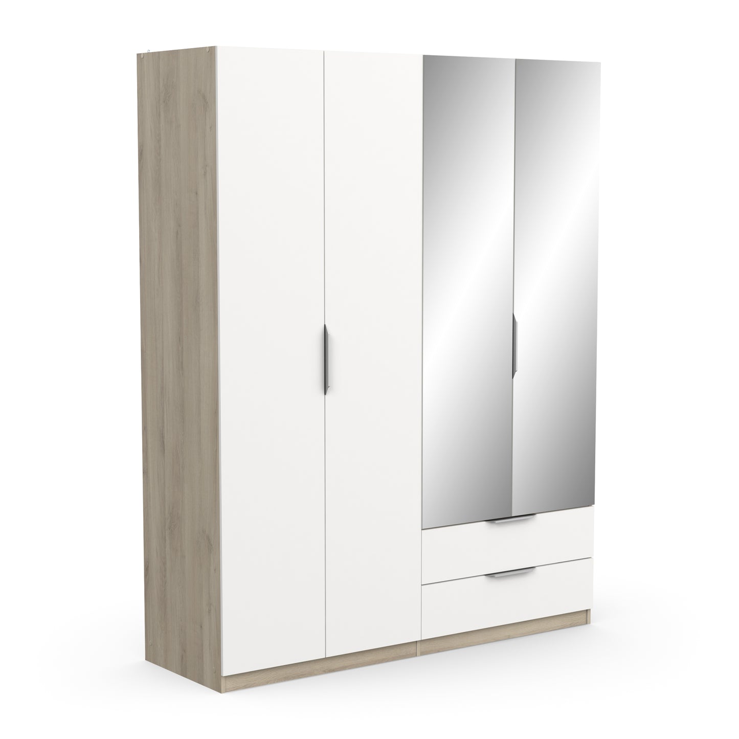 Chicago 4 Door 2 Drawer 160cm Matt White & Oak Effect Mirrored Wardrobe - FurniComp