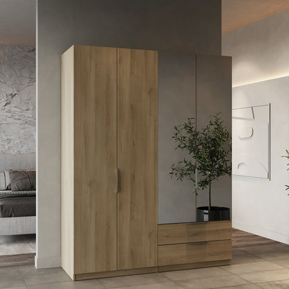 Chicago 4 Door 2 Drawer 160cm Oak Effect Space Saving Mirrored Wardrobe - FurniComp